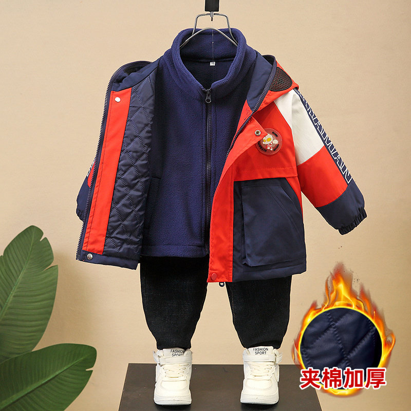 奥特曼男童加厚外套秋冬新款宝宝棉服潮儿童冲锋衣三合一加绒上衣
