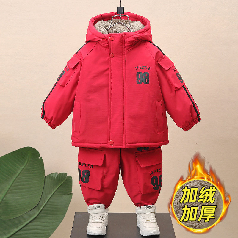 男童加绒套装冬季儿童棉衣两件套宝宝红色拜年服冬装男孩加厚外套
