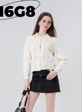 N6G8白色翻领大蝴蝶单排扣毛衣女