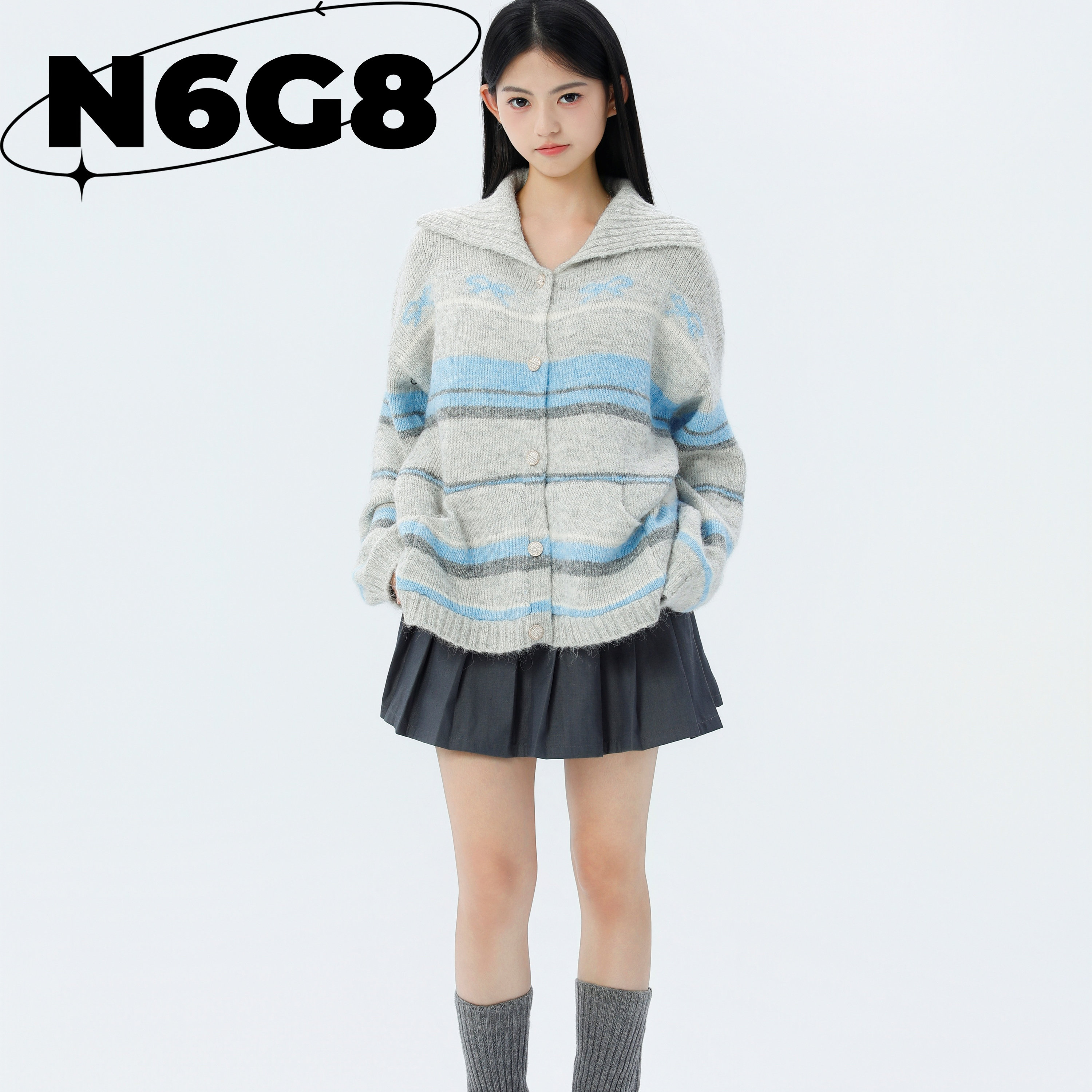 N6G8甜美软糯风高领条纹帽子