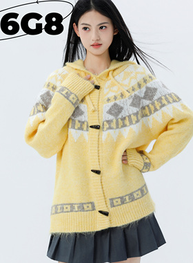 N6G8黄色费尔岛牛角扣连帽毛衣