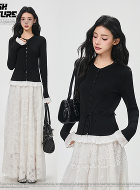 SLASH 黑色系带收腰显瘦打底衫女高级设计感蕾丝花边针织开衫上衣