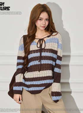 SLASH 撞色条纹系带镂空针织衫女士春秋宽松显瘦慵懒风小V领上衣