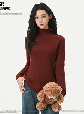 SLASH 复古风酒红高领针织打底衫女修身显瘦软糯亲肤秋冬内搭上衣