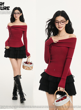 SLASH 红色一字肩系带长袖针织衫女2026新款纯欲修身露肩打底上衣