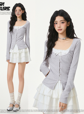 SLASH 浅紫色方领开衫女士甜美针织小衫碎花蕾丝小吊带纯欲风套装