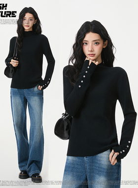 SLASH 黑色半高领针织衫女新款袖口纽扣设计感修身显瘦内搭打底衫