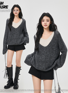 SLASH灰色假两件V领拼接软糯针织衫女2026新款含羊毛长袖百搭上衣