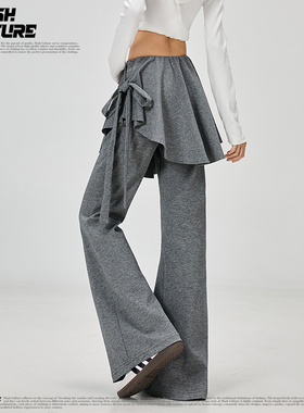SLASH 辣妹风灰色假两件裙裤女高腰系带阔腿裤遮胯垂坠感休闲长裤