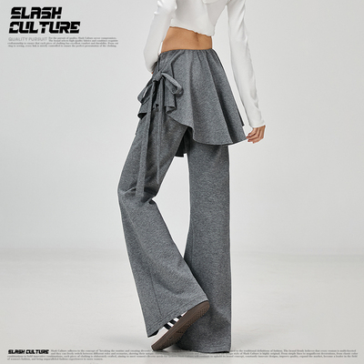 SLASH 辣妹风灰色假两件裙裤女高腰系带阔腿裤遮胯垂坠感休闲长裤