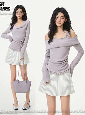 SLASH 浅紫色荡领蕾丝拼接针织衫女纯欲修身显瘦百搭长袖打底上衣