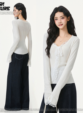 SLASH 温柔风蕾丝系带白色针织衫女软糯亲肤修身显瘦打底内搭上衣