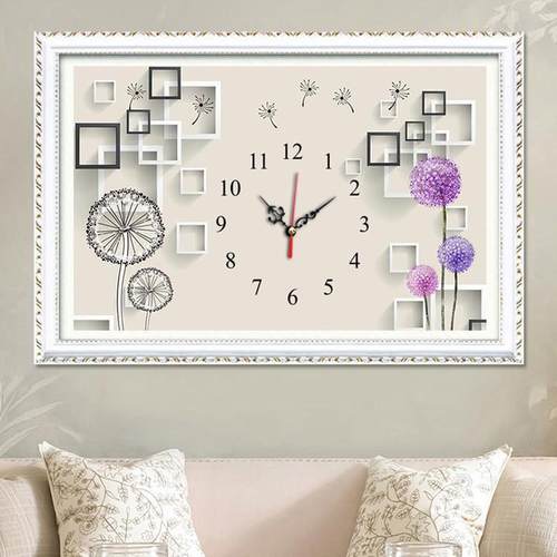新款十字绣现代简约卧室小幅简单钟表画蒲公英满绣带钟表机芯画