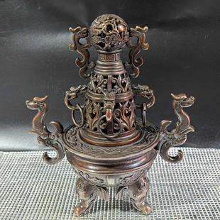 纯铜香炉仿古收藏三足象脚铜双耳家用薰炉天狗貔貅九龙摆件