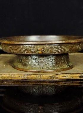 古玩杂项收藏散氏盘笔掭圆形双耳墨盘托盘供盘复古老物件收藏摆件