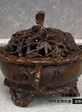 复古中式双耳三足竹节熏香炉复古沉香老铜炉居家桌面盘香炉摆件