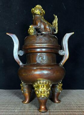 纯铜鎏金大朝冠耳官帽兽足太极狮子香炉铜香炉纯铜大型香炉