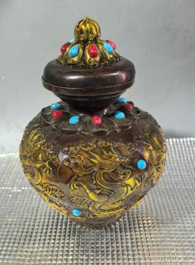 复古纯铜九龙聚宝盆鎏金宝石高浮雕客厅办公室将军罐工艺摆件