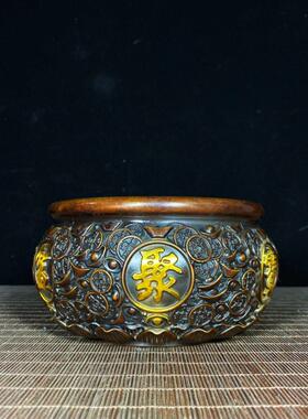 聚宝盆摆纯铜鎏金浮雕钱币元宝聚宝盆沈万三同款客厅自用摆件