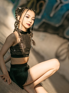 CD卡门网纱俏皮拉丁舞练功服透气舒适两件套时尚专业练习套装女童