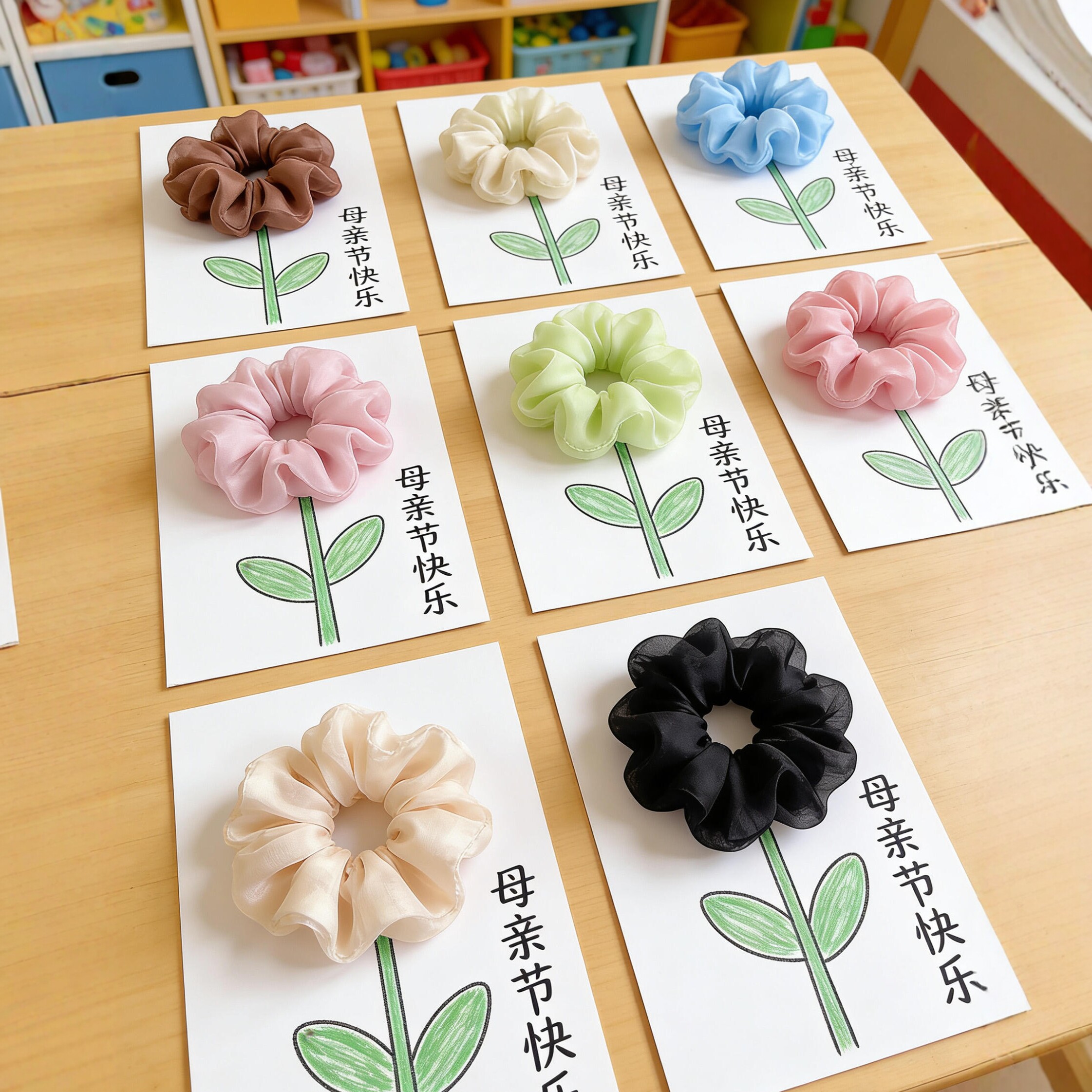 花朵发圈母亲节礼物大肠发圈手工diy幼儿园环创纱布亮面发饰皮筋