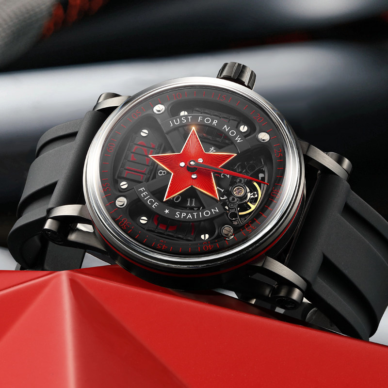 飞克品牌红五星纪念款手表男款全自动机械表个性复古男士手表防水