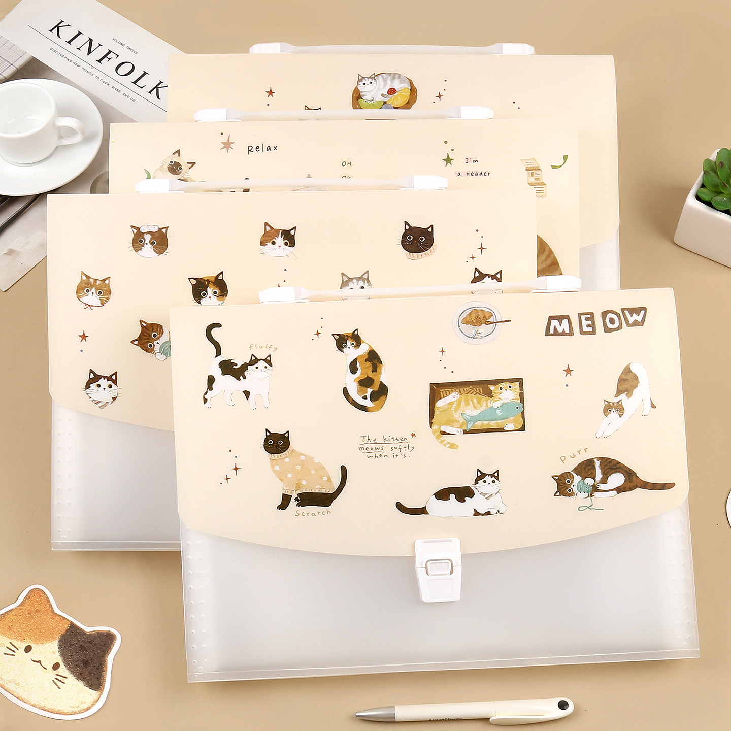 初品官方/小猫小事 13入风琴包 创意潮流复古唯美治愈学生多层大容量文件袋资料夹手提事务包A4