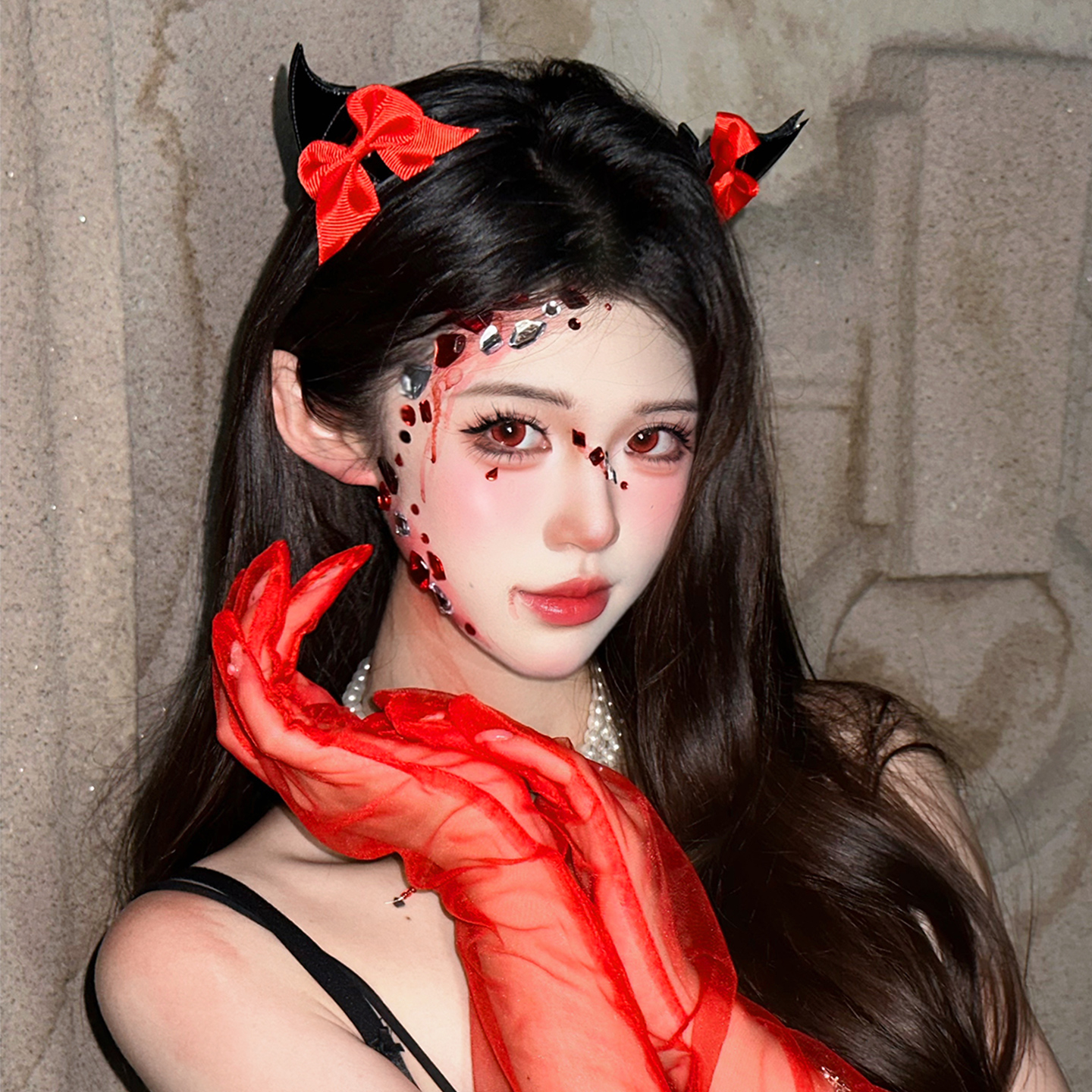 万圣节头饰红色蝴蝶结恶魔角发夹女可爱搞怪边夹蝙蝠翅膀发卡发饰