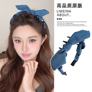 复古牛仔蓝带齿兔耳朵发箍女高颅顶洗脸头箍卡通可爱发卡2025新款