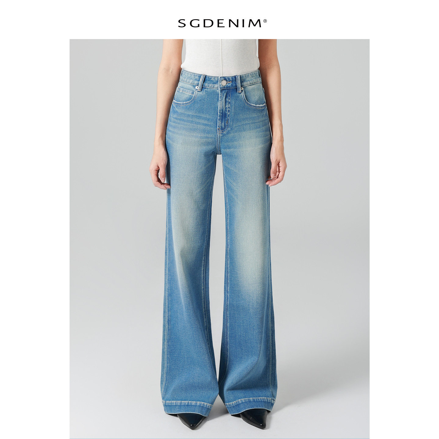超模裤四面弹筒叭高腰牛仔裤女宽松微喇叭直筒裤浅蓝2026春季新款