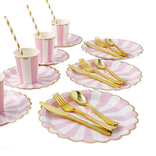 一次性生日布置纸盘甜品台摆件展示架儿童派对餐具蛋糕碟子野餐盘