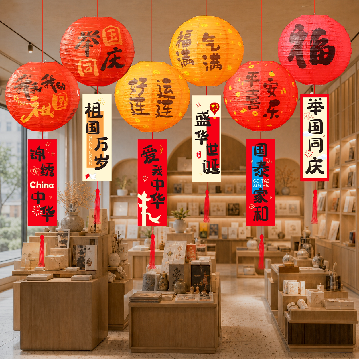 国庆节氛围场景布置灯笼中秋吊挂饰商场店铺超市户外道具学校装饰