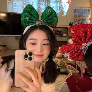 蝴蝶结发箍节日装饰品红绿闪片圣诞节头箍女可爱主题派对礼物拍照