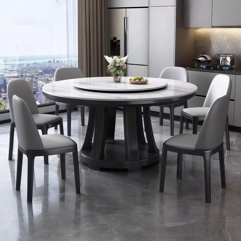 高端岩板餐桌椅组合圆形现代简约轻奢小户型实木圆桌转盘电磁炉桌