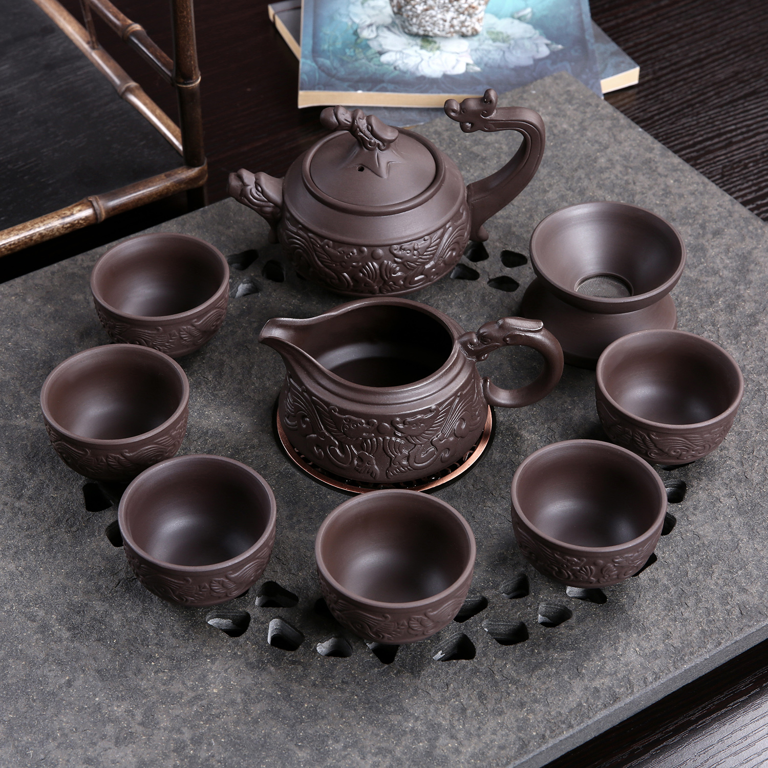 原矿紫砂功夫茶具茶壶套装龙凤呈祥茶杯子家用手把茶海茶漏过滤器