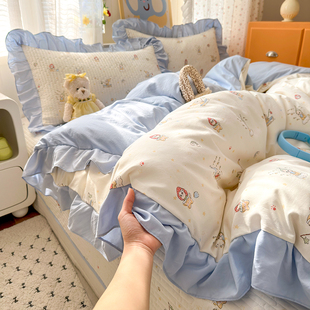 法式水洗棉花边床盖四件套非全棉纯棉床单被套公主风床上用品2026