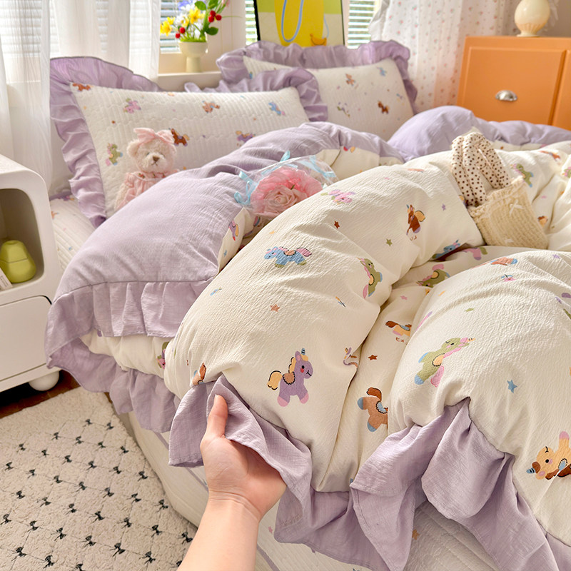 加厚水洗棉床盖单件榻榻米床单四件套花边被套炕盖四季通用2026新