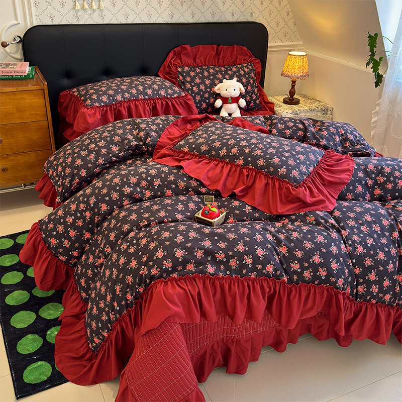 韩式奶油风床盖四件套水洗棉荷叶花边被单床上用品床单人2026新款