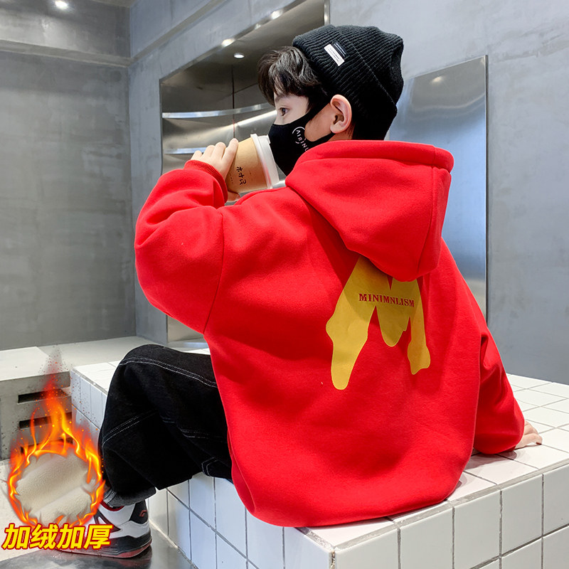 男童红色加绒卫衣连帽冬装