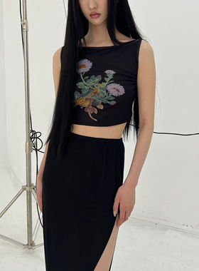 SHIJI 23ss黑色印花露背短款网纱上衣