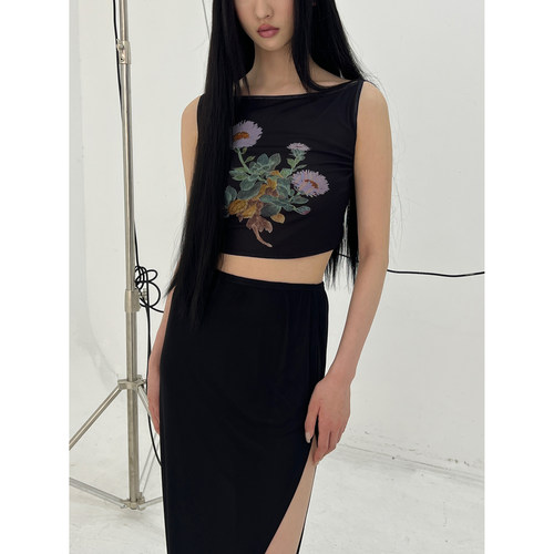 SHIJI露背印花复古吊带上衣