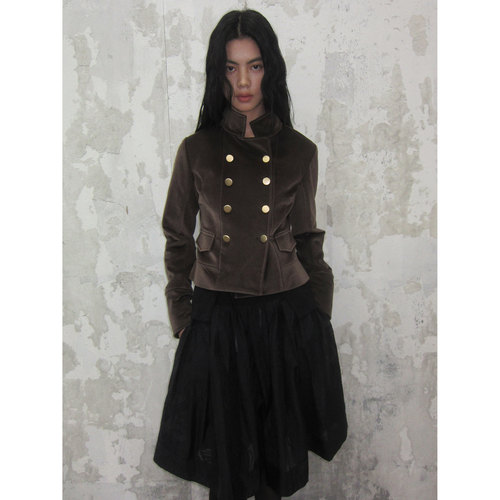 SHIJIRRR 25FW灰棕色羊皮绒双排扣修身夹克短外套