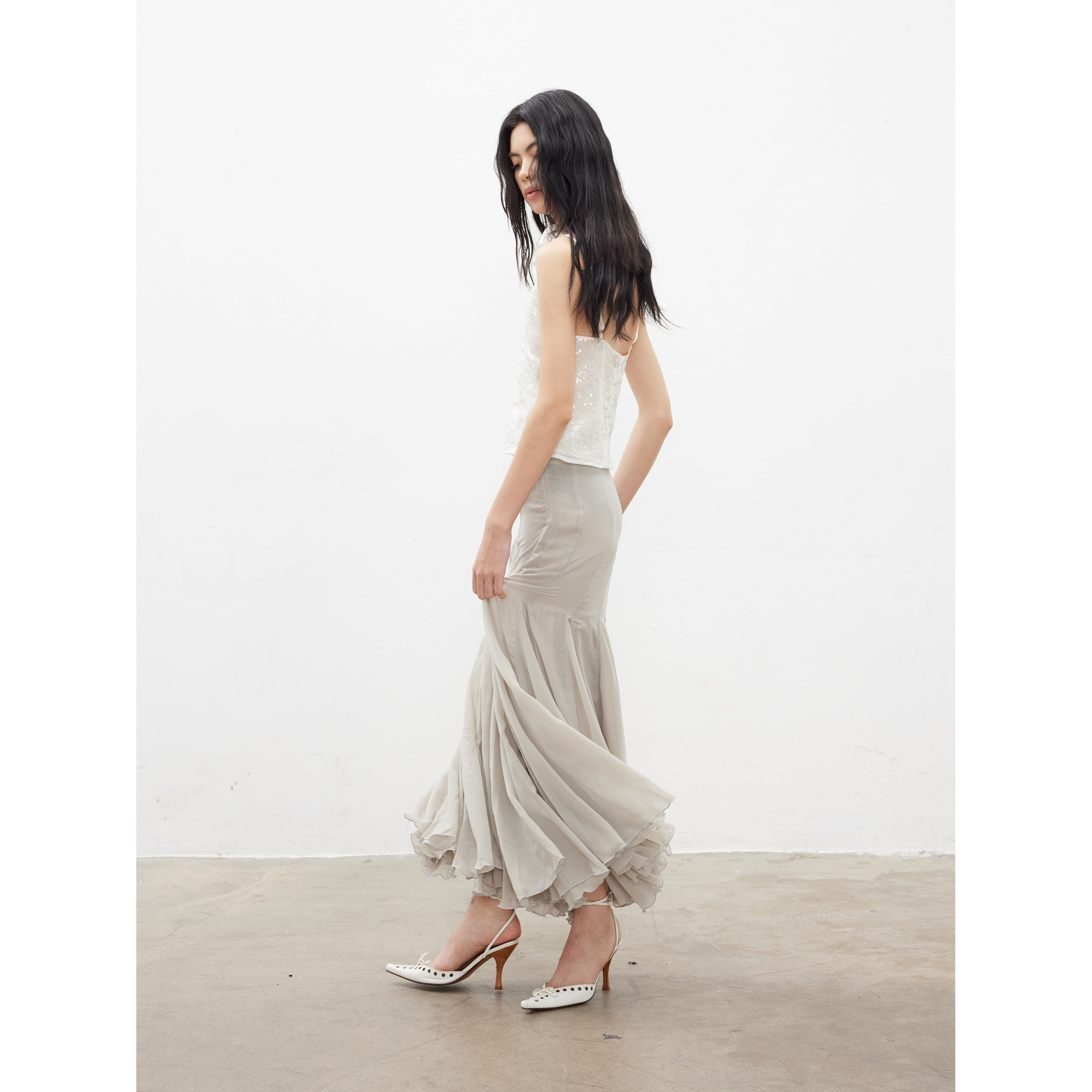 SHIJIRRR 25FW豆灰绿雪纺多片式拼接重工修身半身长裙,女装/女士精品,半身裙,淘宝优惠券,粉丝福利购,淘宝优惠卷