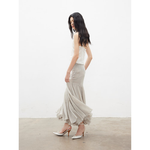 SHIJIRRR 25FW豆灰绿雪纺多片式拼接重工修身半身长裙