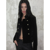 SHIJIRRR 25FW黑色羊皮绒双排扣修身 夹克短外套