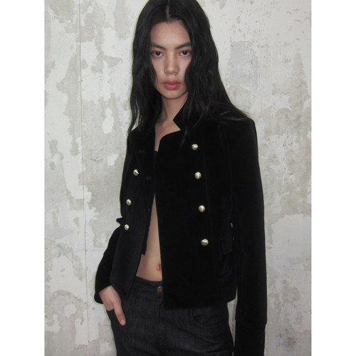 SHIJIRRR 25FW黑色羊皮绒双排扣修身夹克短外套