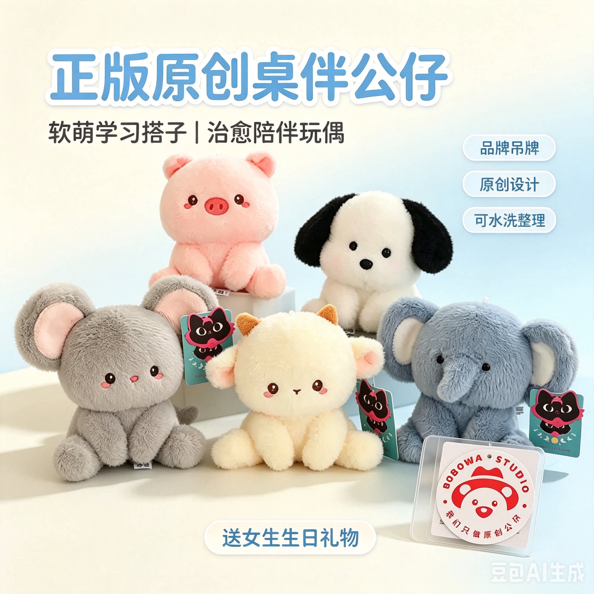 正版可爱桌伴娃娃书桌小摆件兔子企鹅猫小狗大象毛绒玩具小猪玩偶