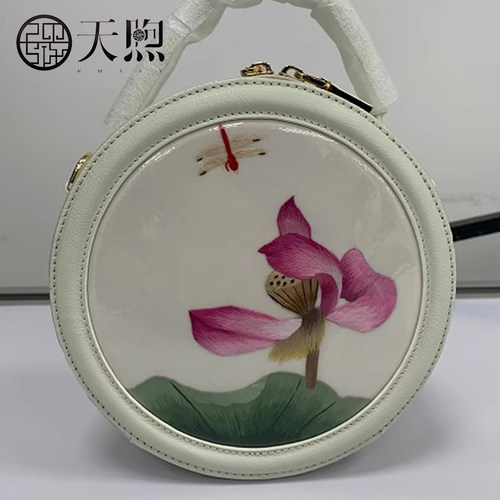 Pmsix手工苏绣包包女时尚真皮单肩斜挎手提包红荷小圆包斜挎小包