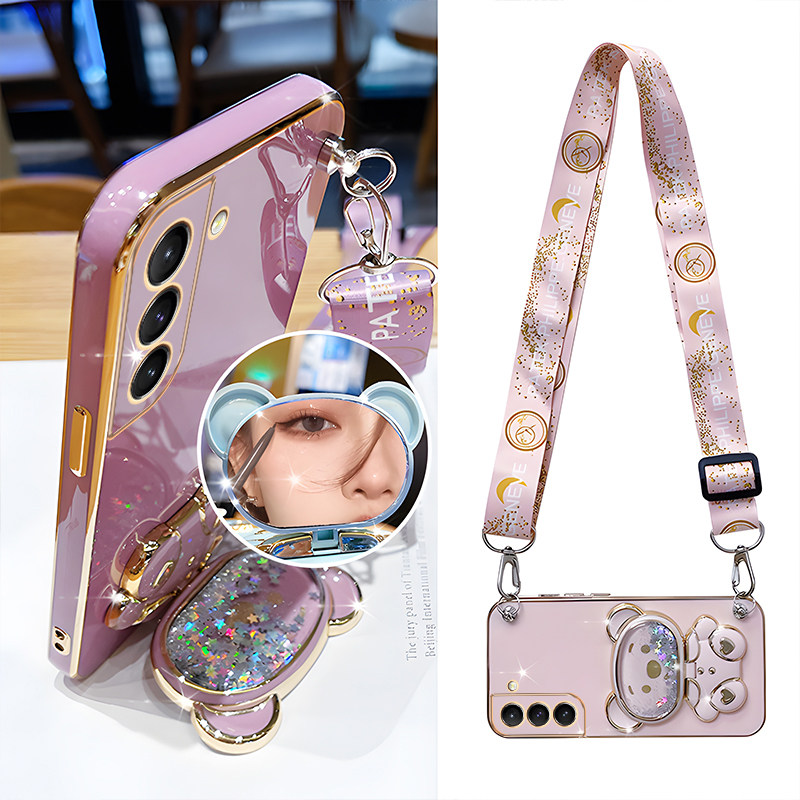适用补妆镜子手机壳三星S23带支架s22ultra镜头全包S21防摔S20硅胶S26防摔note20带挂绳S25/M53/s24+斜挎可背