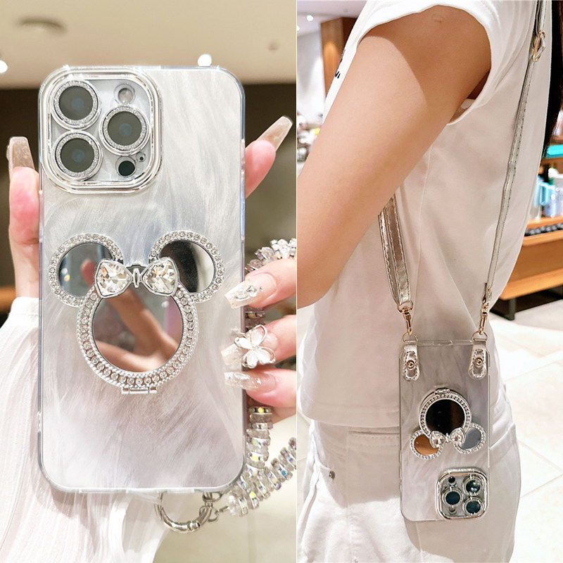 适用小米15手机壳米奇补妆镜子支架可旋转14至尊版斜挎背带挂绳13ultra银色高级感12s镜头膜全包17promax防摔